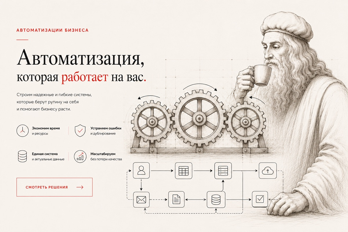 Первый экран лендинга автоматизации с Леонардо, шестернями и схемой связки сервисов